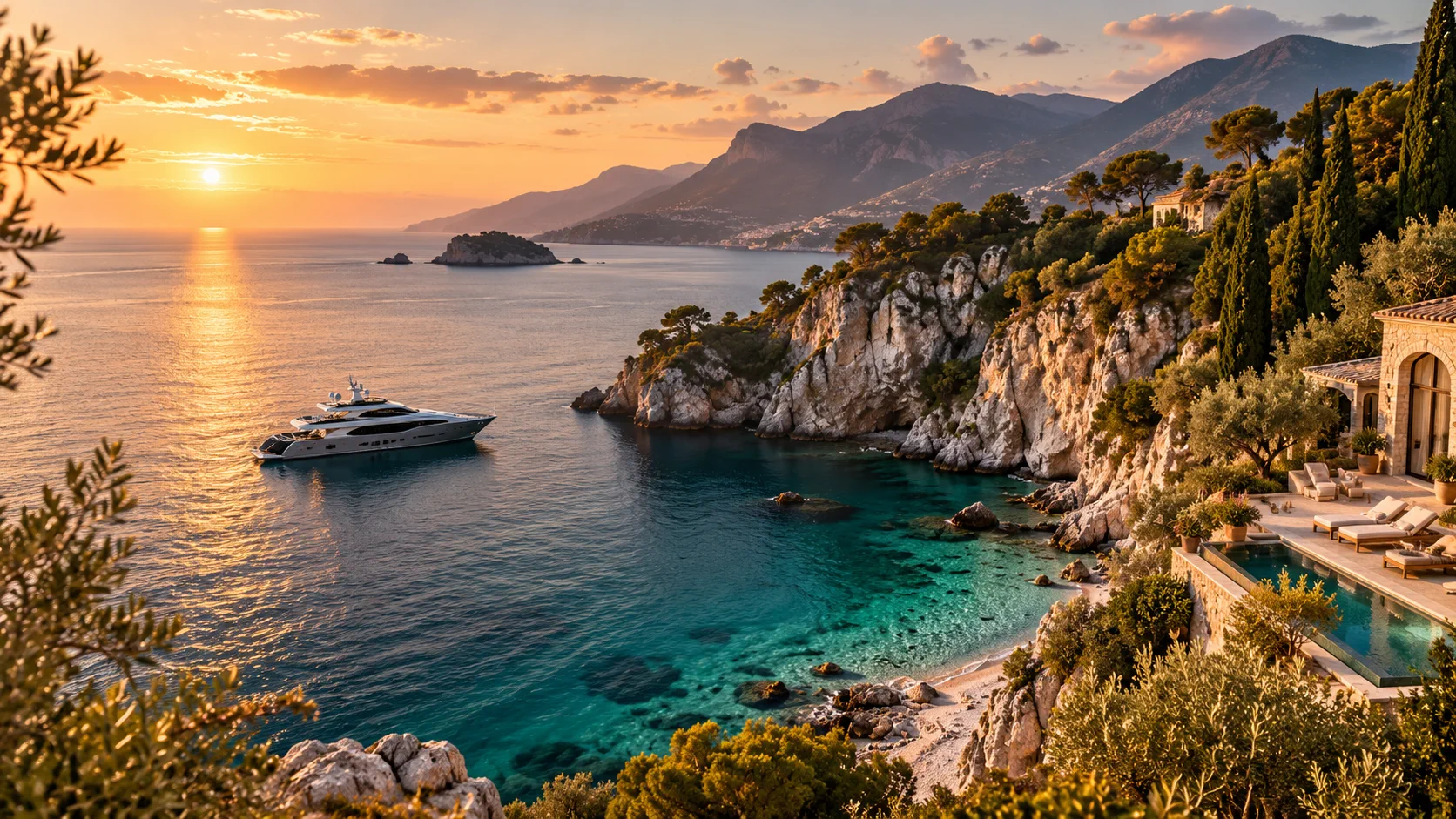 Serene coastal landscape and villa at golden hour